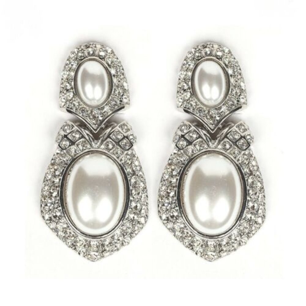 Bridal Double Oval Faux Pearl Rhinestone Drop Clip-On Earrings